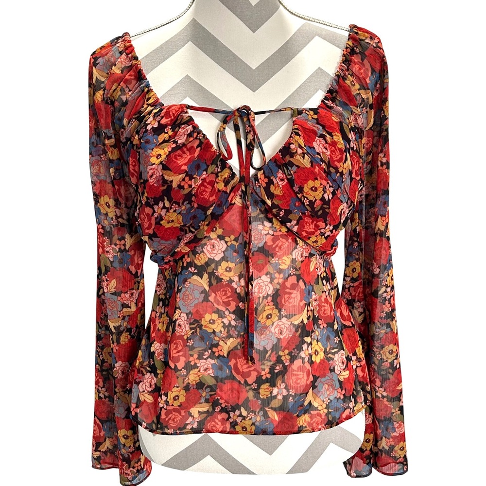 House of Harlow‎ x Revolve Tess Sheer Floral Blouse Red Long Sleeve Tie Front S